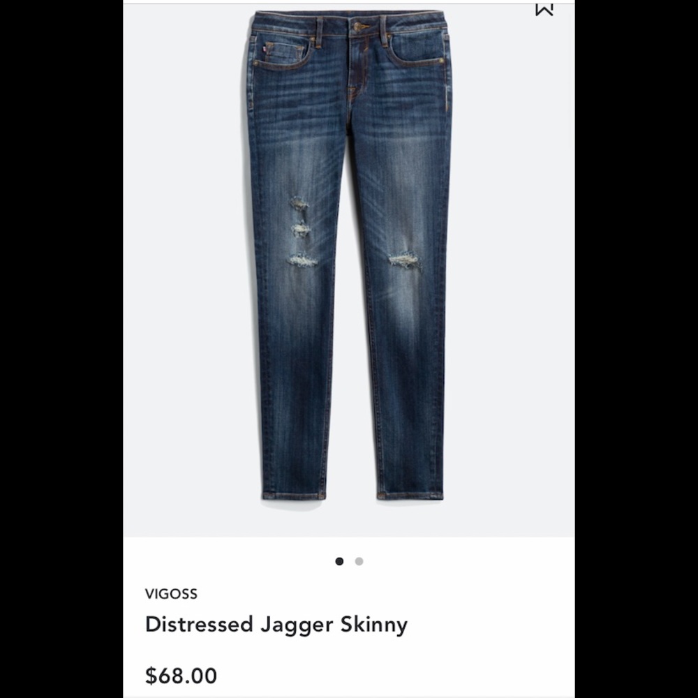 Distressed dark wash skinny jeans